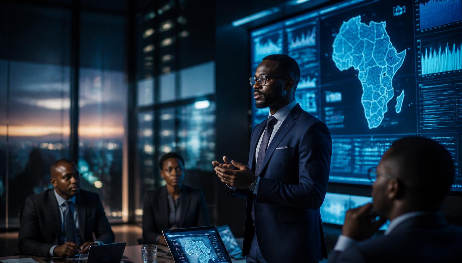 Business leaders reviewing live operational intelligence dashboards in a modern African operations centre